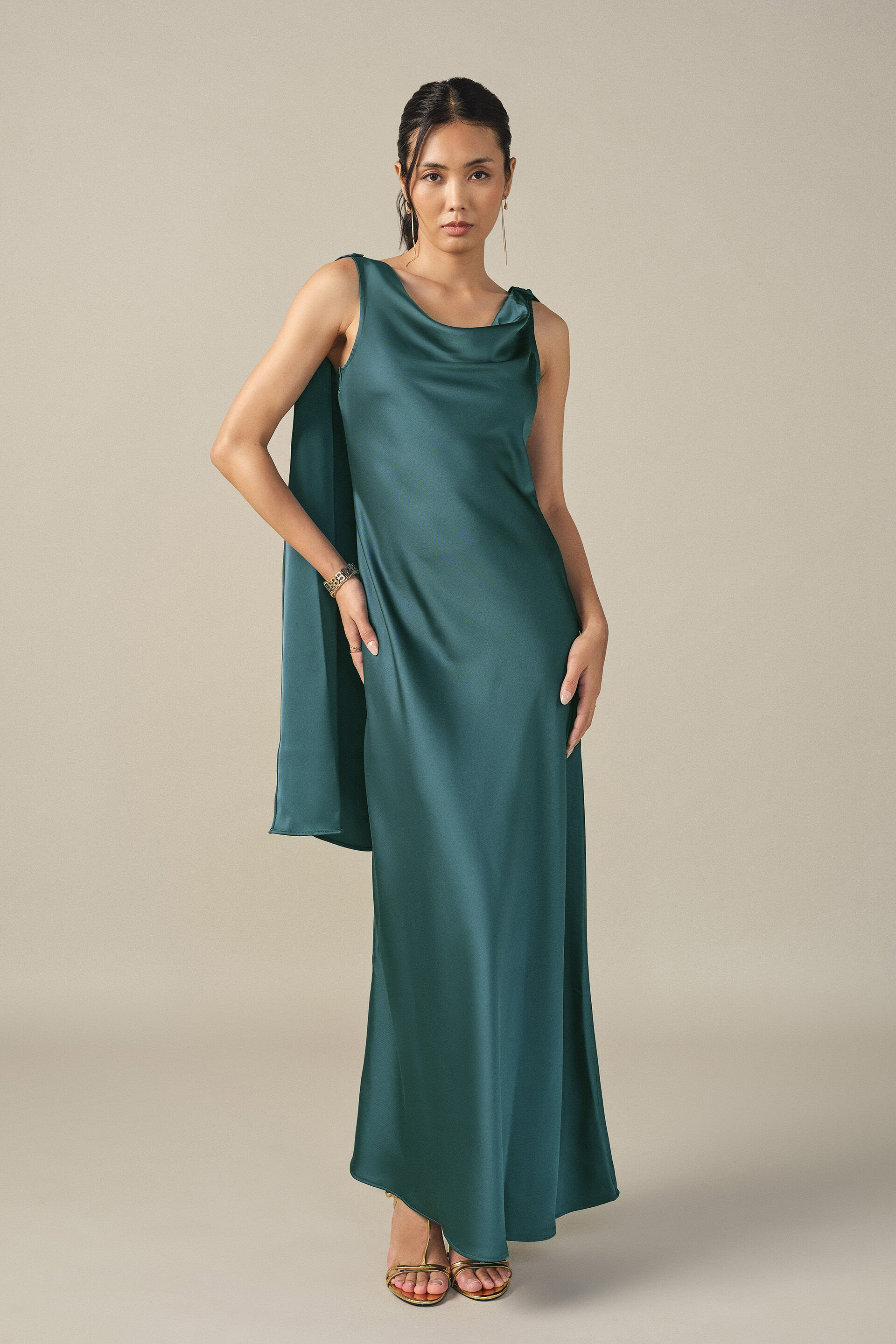 Cowl Maxi Satin Gown in Teal